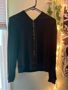 SHEIN Black Ribbed Zip-Up Hooded Jacket